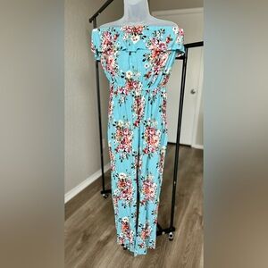 Kori Floral Off-Shoulder Jumpsuit in Blue and Pink